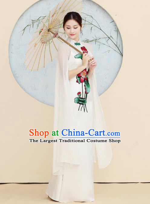 China Catwalks Embroidery Lotus Qipao Dress Stage Performance White Chiffon Cheongsam Woman Solo Chorus Clothing