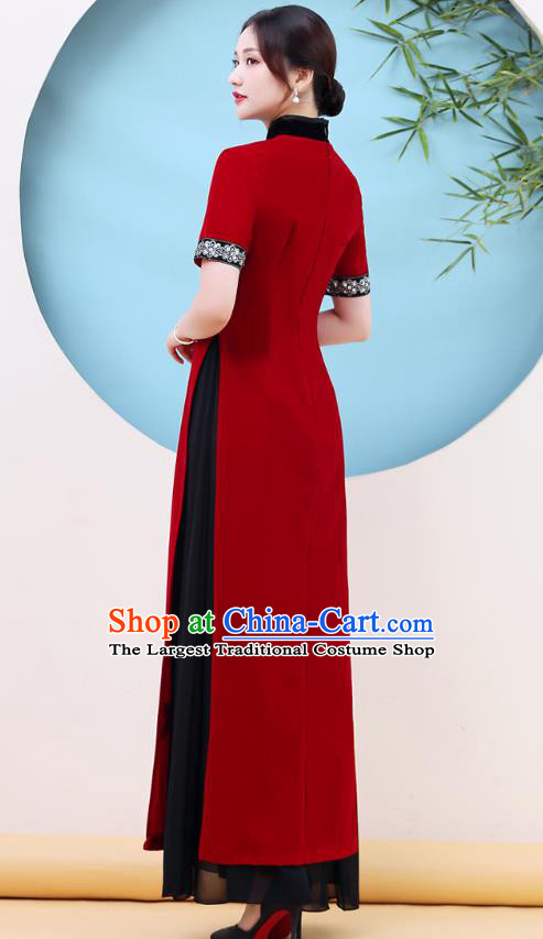China Catwalks Red Qipao Dress Stage Performance Embroidery Peony Cheongsam Woman Ao Dai Clothing