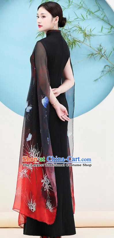 China Woman Water Sleeve Clothing Catwalks Embroidery Black Qipao Dress Stage Show Cheongsam