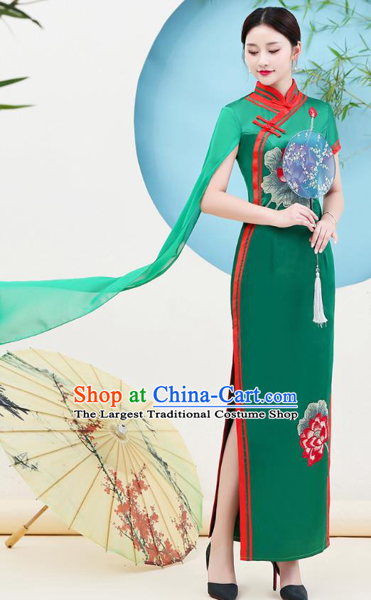 China Miss Etiquette Clothing Catwalks Green Satin Qipao Dress Stage Show Embroidery Lotus Cheongsam