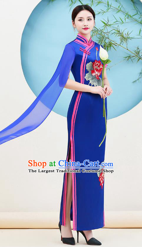 China Woman Catwalks Royalblue Satin Qipao Dress Stage Show Embroidery Lotus Cheongsam Miss Etiquette Clothing