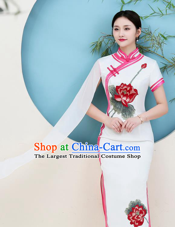 China Miss Etiquette Stage Show Clothing Woman Catwalks White Satin Qipao Dress Embroidery Lotus Cheongsam
