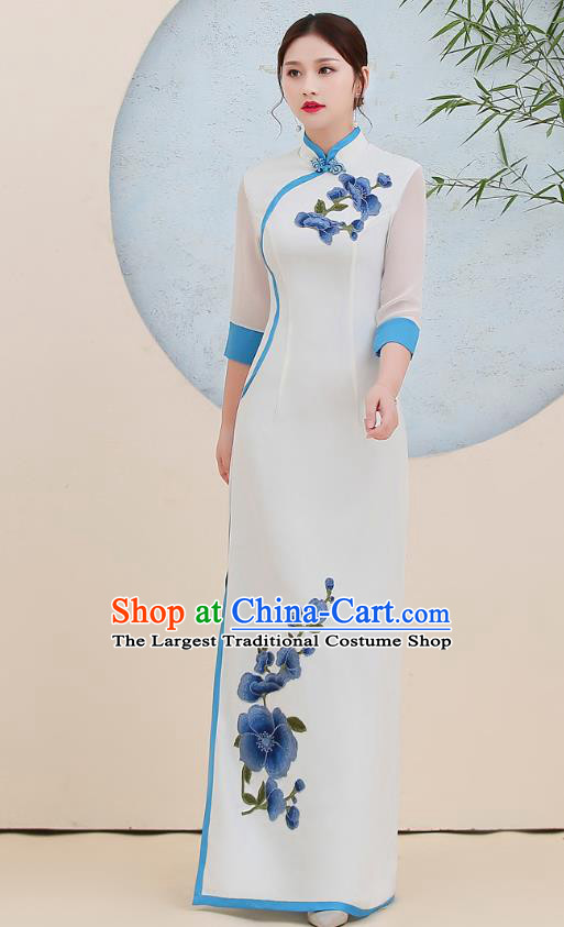 China Stage Show Clothing Woman Classical Dance Qipao Dress Embroidery Blue Flowers Cheongsam