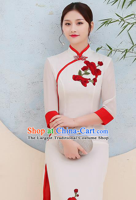 China Woman Classical Dance Qipao Dress Embroidery Red Flowers Cheongsam Stage Show Clothing