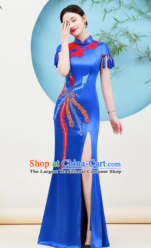 China Woman Umbrella Dance Royalblue Satin Qipao Dress Embroidery Phoenix Cheongsam Stage Show Clothing