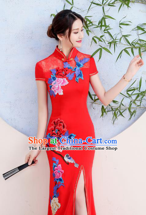 China Woman Wedding Red Satin Qipao Dress Catwalks Embroidery Peony Cheongsam Stage Show Clothing