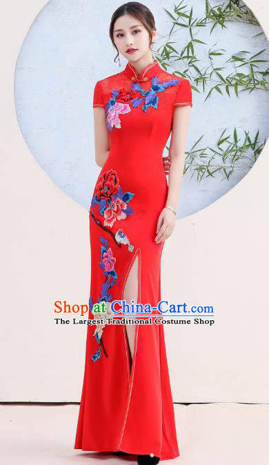 China Woman Wedding Red Satin Qipao Dress Catwalks Embroidery Peony Cheongsam Stage Show Clothing