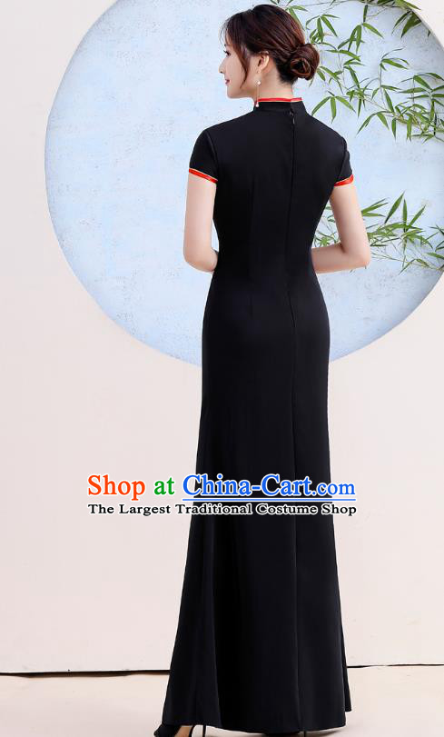 China Catwalks Embroidery Peony Cheongsam Stage Show Clothing Woman Black Satin Qipao Dress