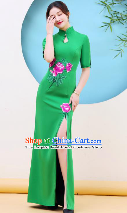China Woman Fishtail Clothing Catwalks Green Long Qipao Dress Stage Performance Embroidery Cheongsam