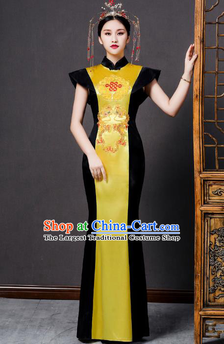 China Catwalks Show Embroidery Dragon Cheongsam Stage Performance Clothing Bride Fishtail Golden Qipao Dress