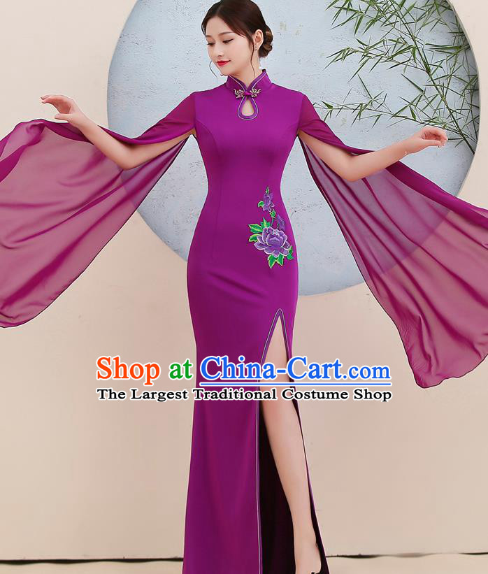 China Stage Performance Embroidery Cheongsam Woman Fishtail Clothing Catwalks Purple Chiffon Sleeve Qipao Dress