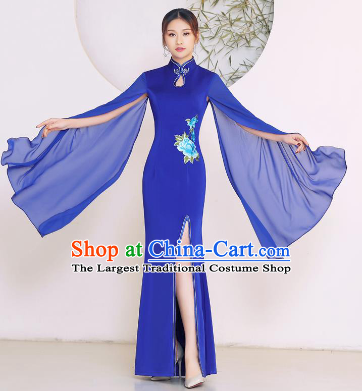 China Catwalks Royalblue Chiffon Sleeve Qipao Stage Performance Embroidery Cheongsam Woman Fishtail Dress Clothing