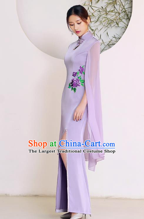 China Woman Fishtail Dress Clothing Catwalks Lilac Chiffon Sleeve Qipao Stage Performance Embroidery Cheongsam