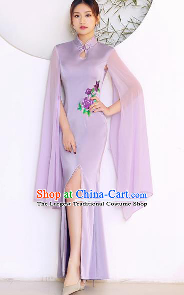 China Woman Fishtail Dress Clothing Catwalks Lilac Chiffon Sleeve Qipao Stage Performance Embroidery Cheongsam