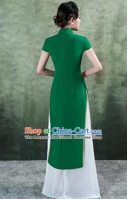 China Classical Embroidery Green Satin Qipao Dress Catwalks Show Cheongsam Stage Performance Chorus Clothing