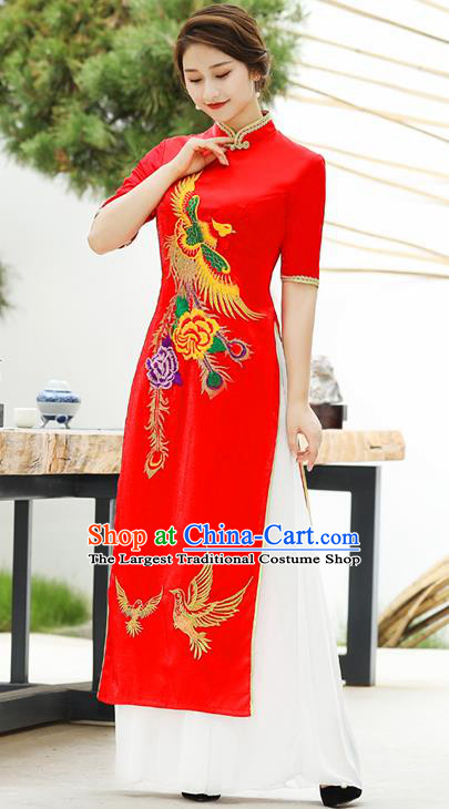 China Classical Embroidery Phoenix Red Qipao Catwalks Show Aodai Cheongsam Stage Performance Dress Clothing