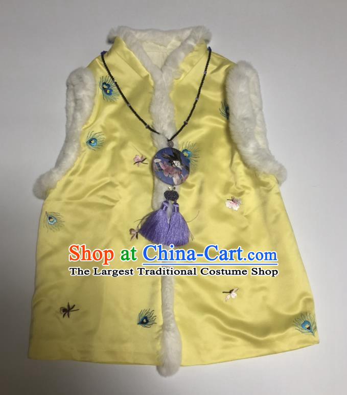 Chinese Classical Embroidered Feather Vest National Women Clothing Tang Suit Yellow Silk Waistcoat