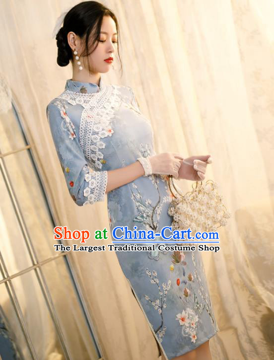 Chinese Classical Printing Flowers Blue Qipao Dress Traditional Shang Hai Cheongsam