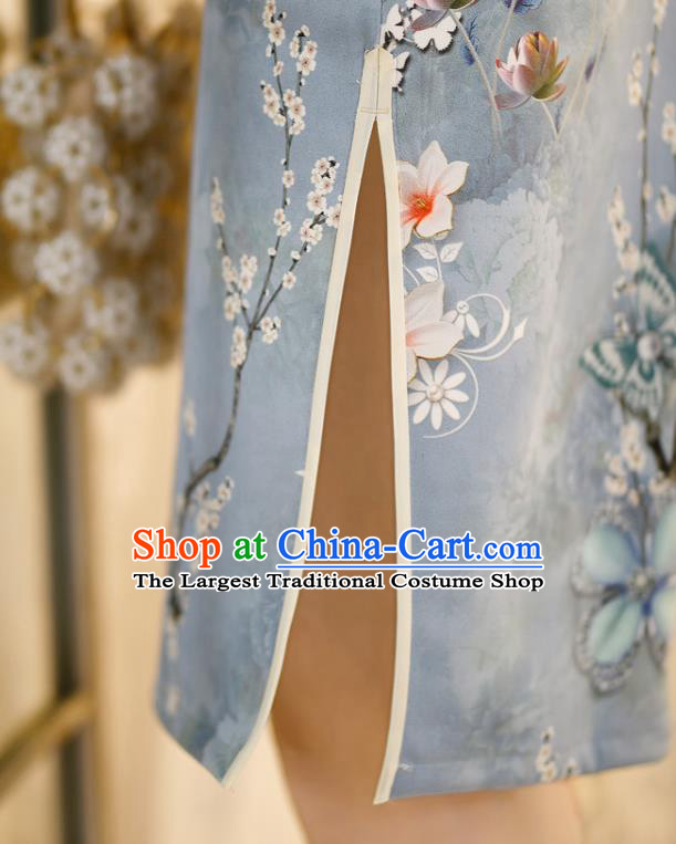 Chinese Classical Printing Flowers Blue Qipao Dress Traditional Shang Hai Cheongsam