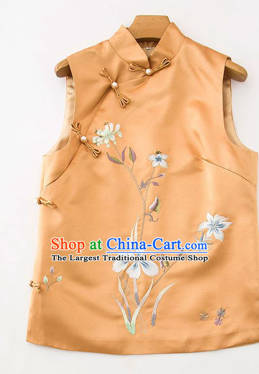 Chinese Classical Embroidered Orchids Orange Silk Vest National Women Upper Outer Garment Tang Suit Waistcoat