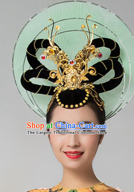 China Traditional Goddess Dance Wigs Chignon Handmade Classical Dance Hair Accessories Green Hat