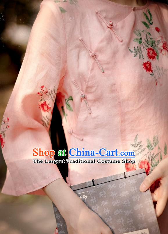 Chinese National Round Collar Qipao Dress Traditional Printing Pink Ramie Cheongsam