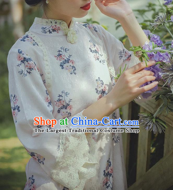 Chinese Traditional Printing White Flax Cheongsam Clothing National Stand Collar Qipao Dress