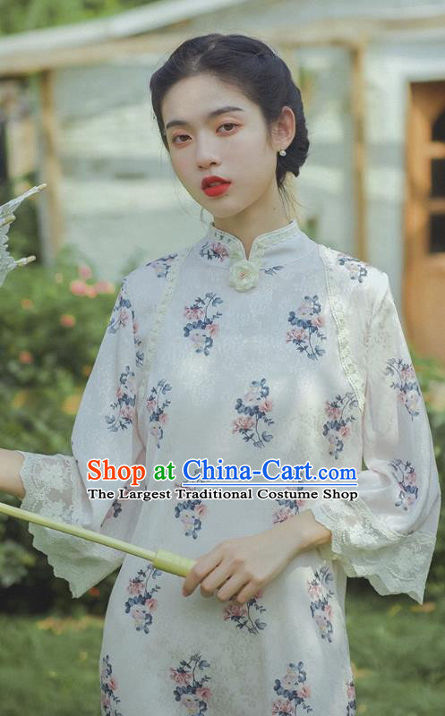 Chinese Traditional Printing White Flax Cheongsam Clothing National Stand Collar Qipao Dress