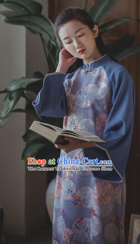 Chinese Traditional Stand Collar Cheongsam Clothing National Printing Blue Wide Sleeve Qipao Dress
