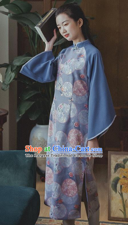 Chinese Traditional Stand Collar Cheongsam Clothing National Printing Blue Wide Sleeve Qipao Dress