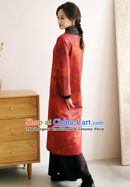 China Female Gambiered Guangdong Gauze Long Cheongsam Red Silk Qipao Dress
