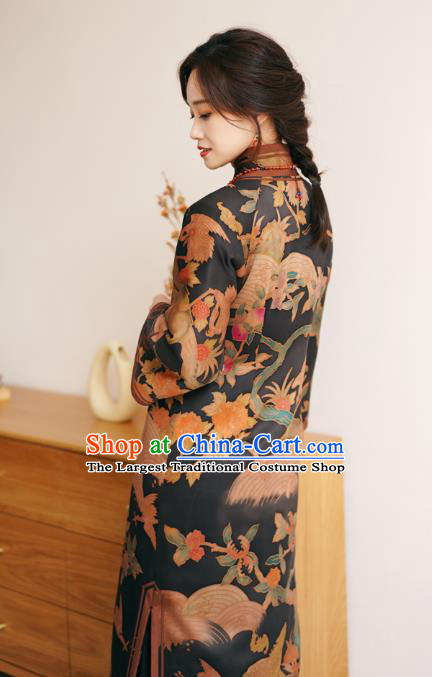 China Female Printing Long Cheongsam Winter Black Silk Qipao Dress
