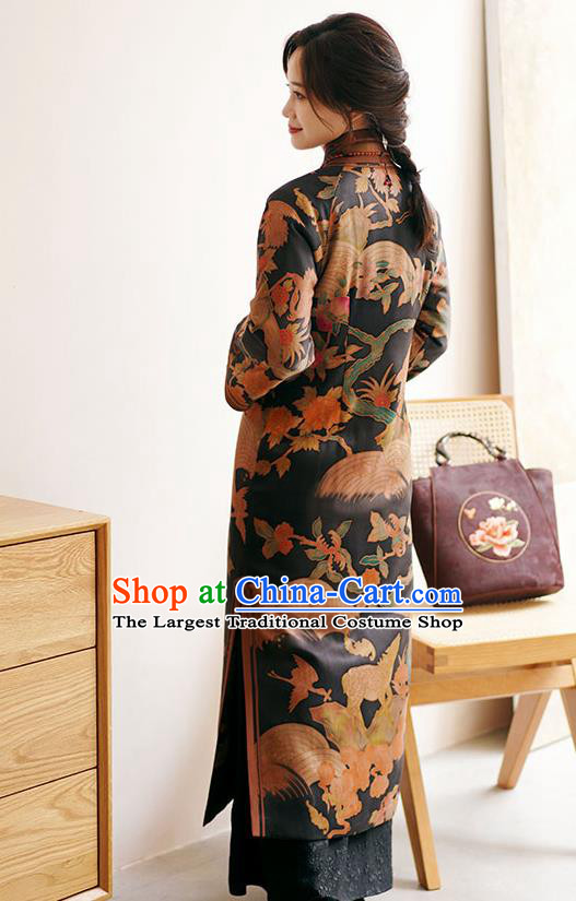 China Female Printing Long Cheongsam Winter Black Silk Qipao Dress