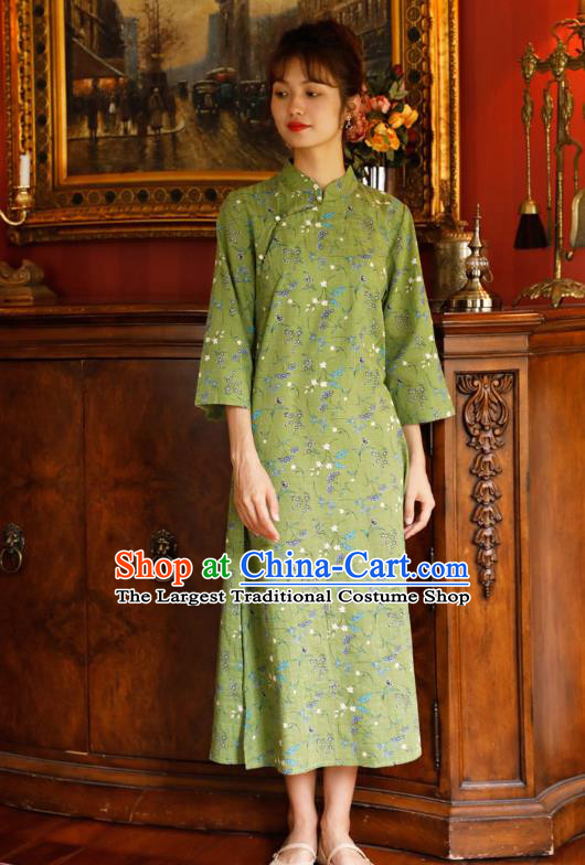Chinese Zen Clothing Traditional Young Lady Cheongsam National Green Flax Qipao Dress