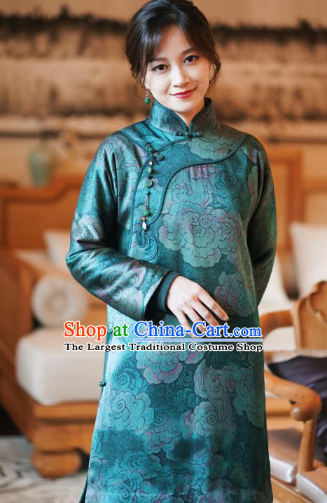 China Classical Clouds Pattern Green Silk Qipao Dress Winter Cheongsam