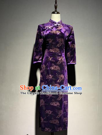 China Shanghai Purple Velvet Qipao Dress Catwalks Stage Performance Costume Mother Cheongsam