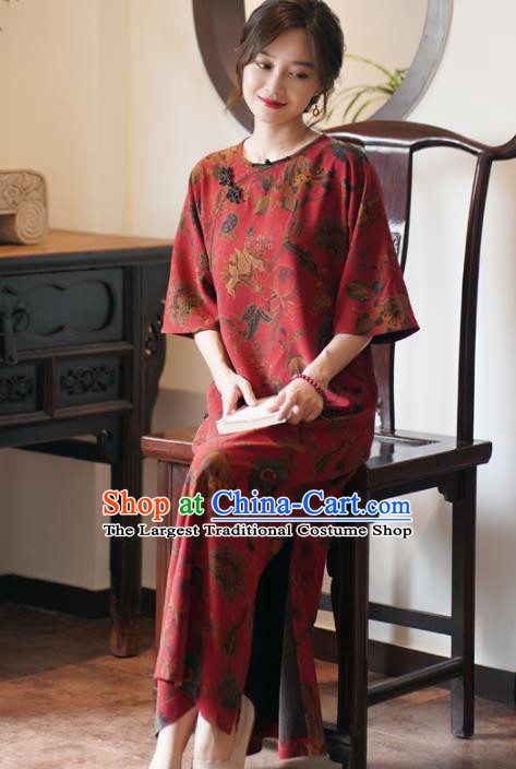 China National Gambiered Guangdong Gauze Long Qipao Classical Red Silk Cheongsam Dress