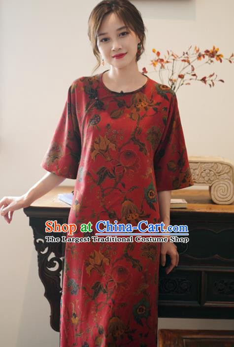 China National Gambiered Guangdong Gauze Long Qipao Classical Red Silk Cheongsam Dress
