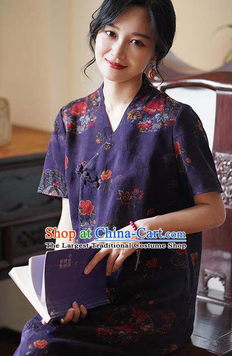 China Classical Purple Silk Cheongsam Dress National Slant Opening Long Qipao