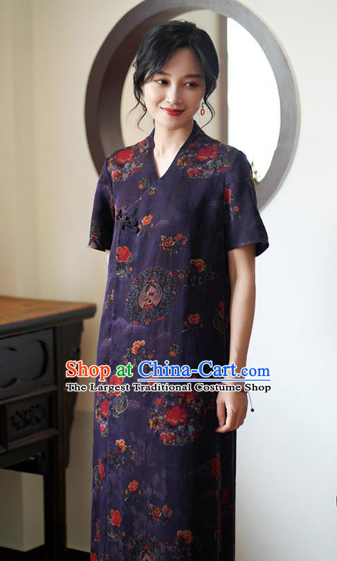 China Classical Purple Silk Cheongsam Dress National Slant Opening Long Qipao