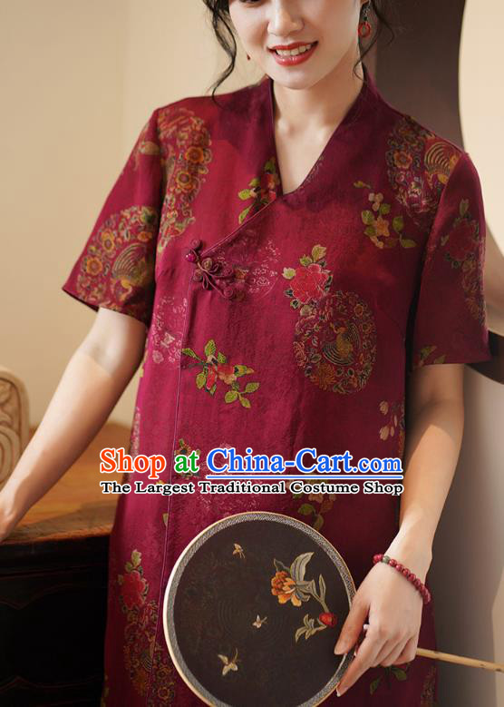 China National Slant Opening Long Qipao Costume Classical Red Silk Cheongsam Dress