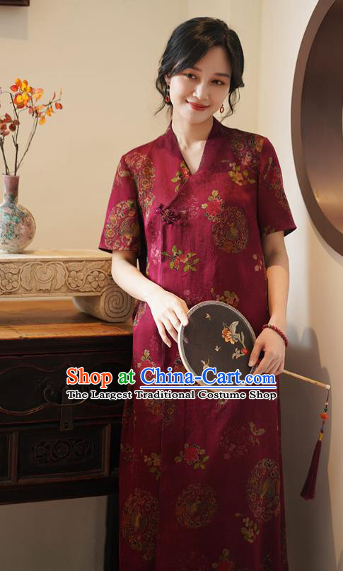 China National Slant Opening Long Qipao Costume Classical Red Silk Cheongsam Dress