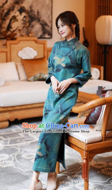 China Classical Lotus Pattern Green Silk Qipao Dress National Female Long Cheongsam