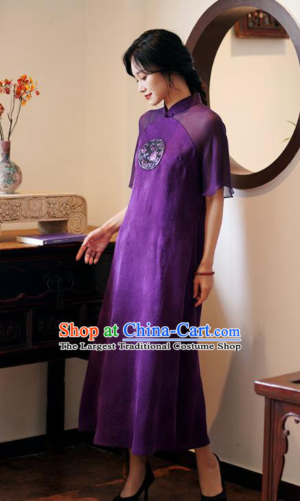 China Classical Embroidered Purple Silk Cheongsam Dress National Stand Collar Qipao Costume