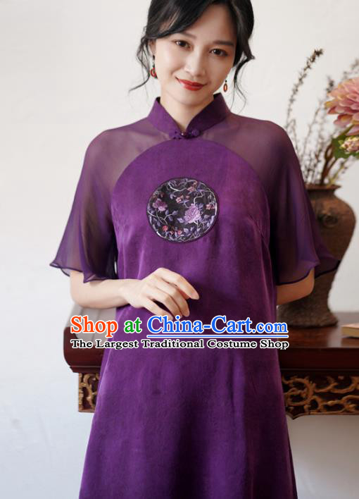 China Classical Embroidered Purple Silk Cheongsam Dress National Stand Collar Qipao Costume