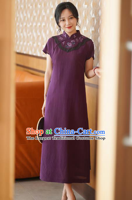 China National Stand Collar Qipao Costume Classical Embroidered Purple Silk Cheongsam Dress