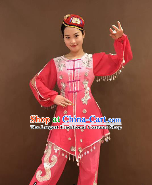Chinese Hui Nationality Folk Dance Costumes Ningxia Ethnic Minority Woman Pink Outfits and Hat