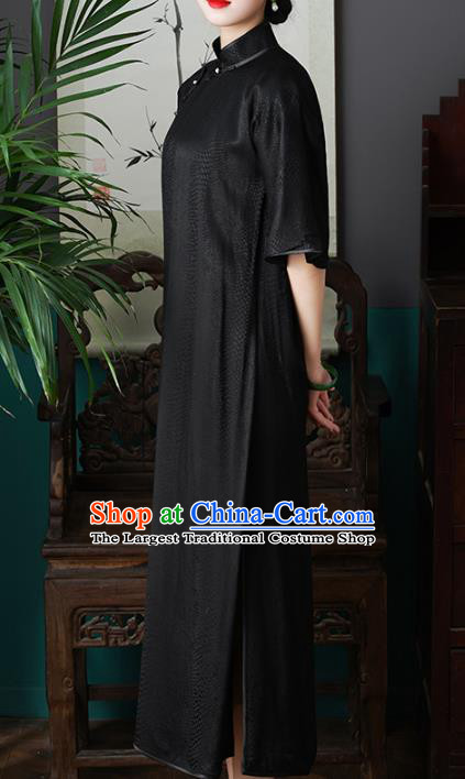 Chinese Traditional Stand Collar Cheongsam National Woman Costume Classical Black Silk Qipao Dress