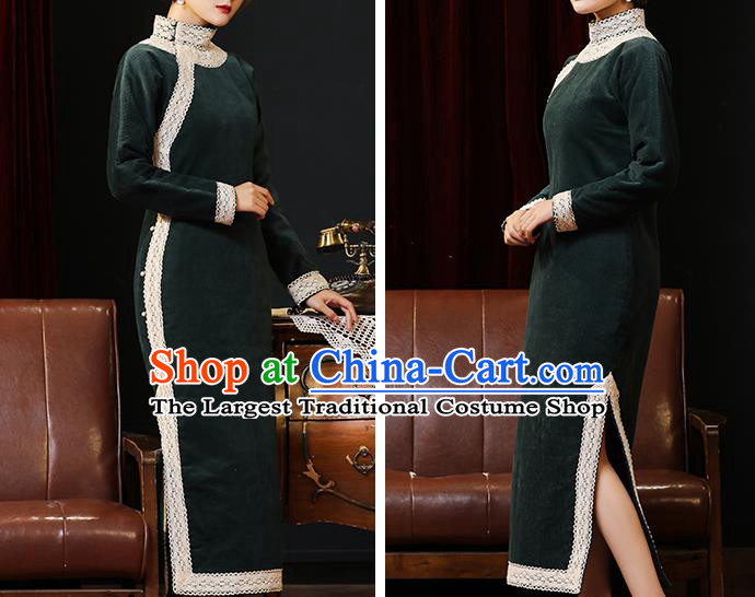 Chinese Classical Stand Collar Qipao Dress National Rich Woman Costume Traditional Dark Green Corduroy Cheongsam
