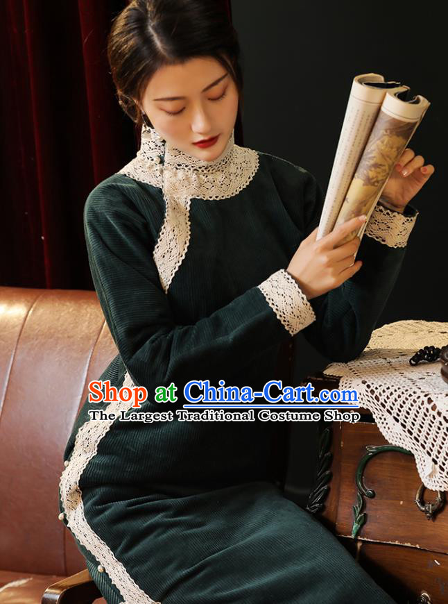Chinese Classical Stand Collar Qipao Dress National Rich Woman Costume Traditional Dark Green Corduroy Cheongsam